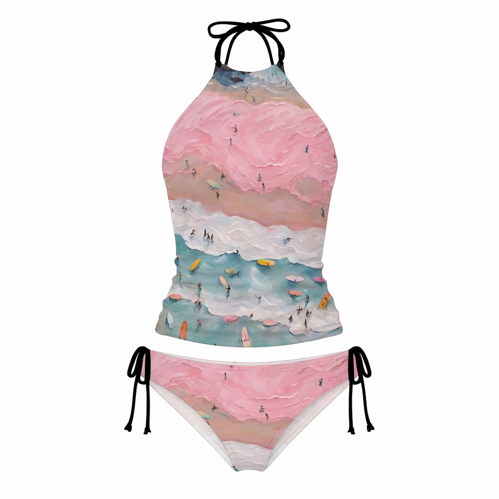 Pink Beach Oil Painting Print Halter Side Tie Tankini Set With Skirt