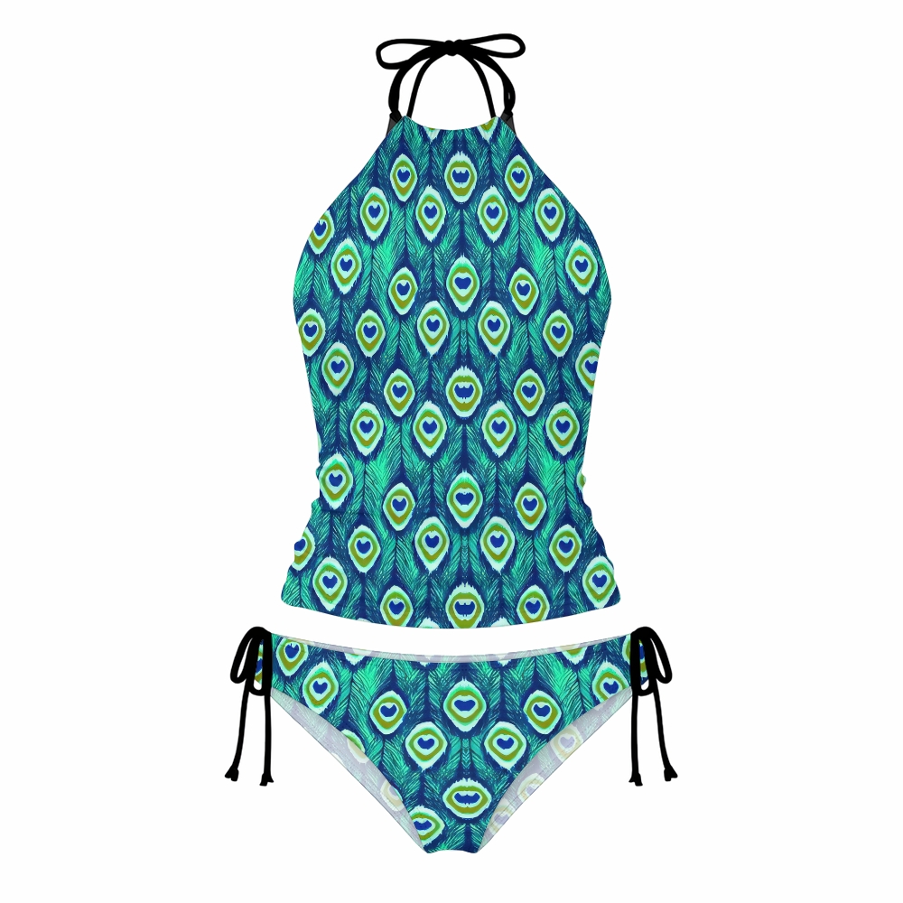Peacock Feather Eye Print Halter Side Tie Tankini Set With Skirt