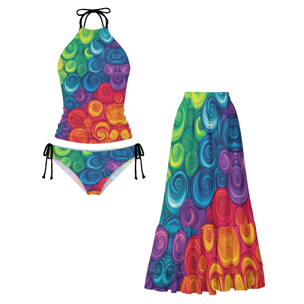 Rainbow Swirl Oil Painting Print Halter Side Tie Tankini Set With Skirt
