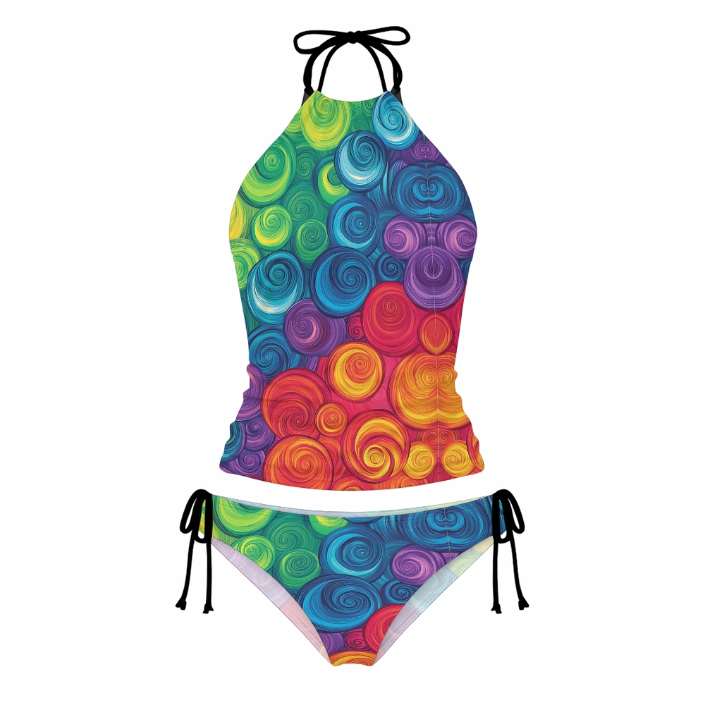 Rainbow Swirl Oil Painting Print Halter Side Tie Tankini Set With Skirt