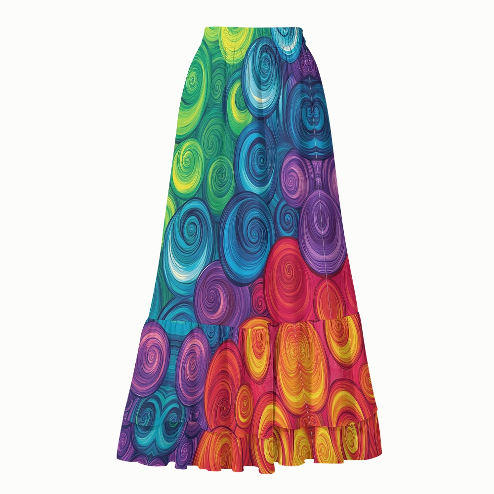 Rainbow Swirl Oil Painting Print Halter Side Tie Tankini Set With Skirt