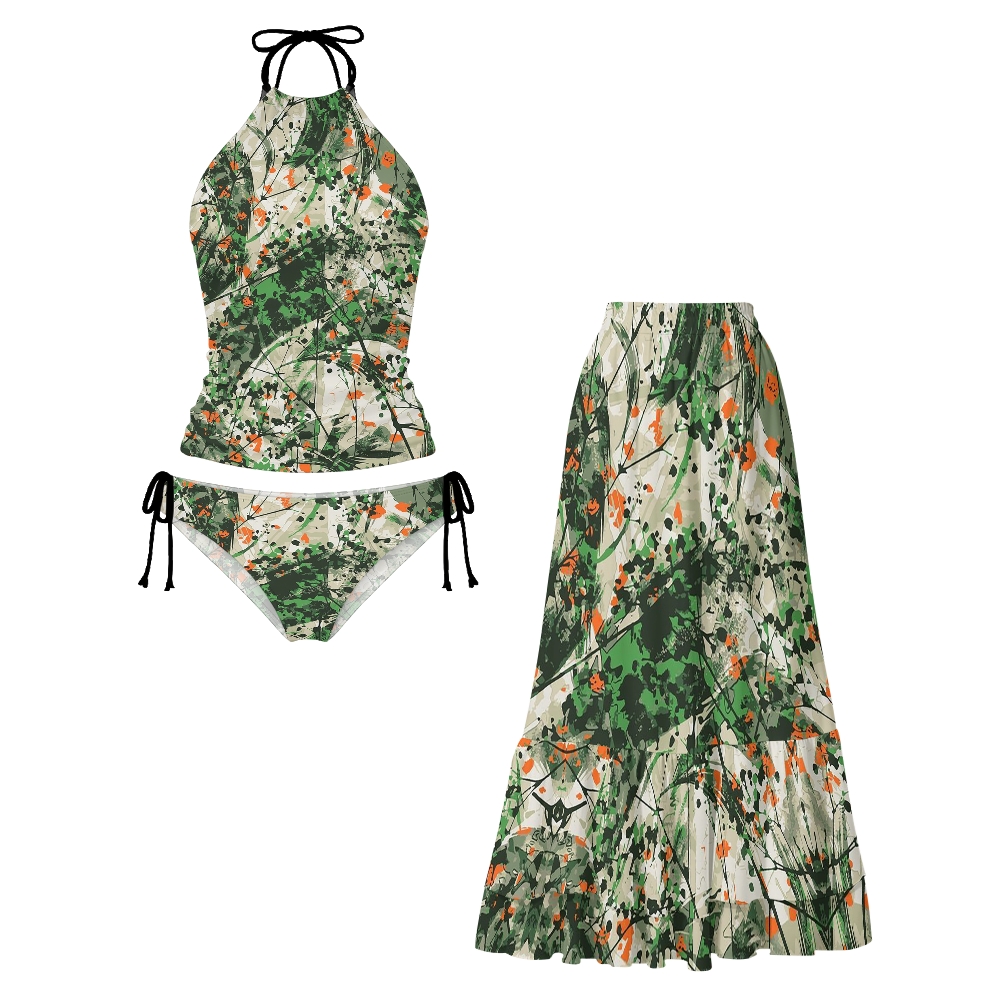 Abstract Ink Floral Print Halter Side Tie Tankini Set With Skirt