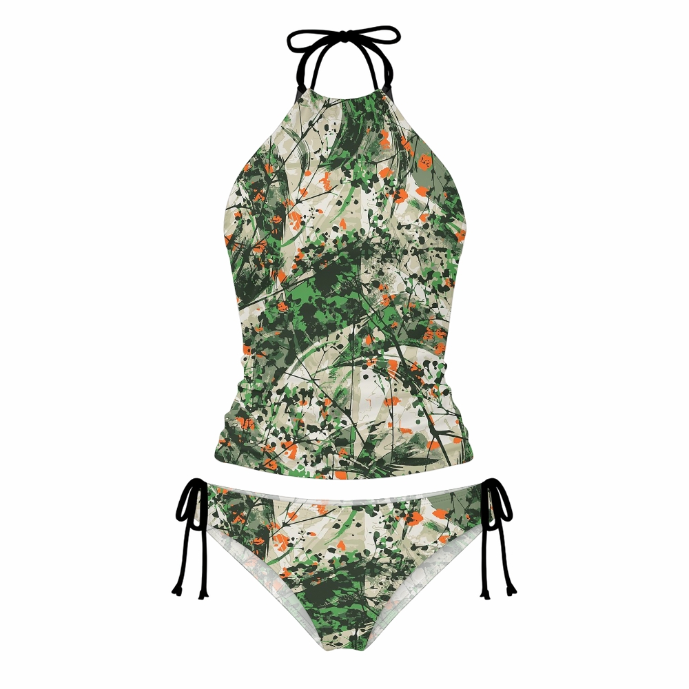 Abstract Ink Floral Print Halter Side Tie Tankini Set With Skirt