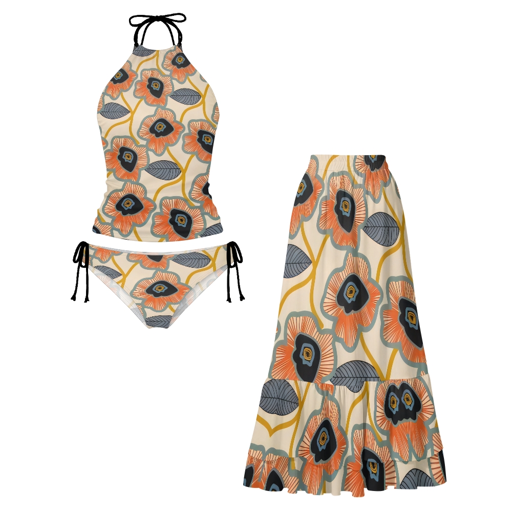 Vintage Geometric Orange Floral Print Halter Side Tie Tankini Set With Skirt