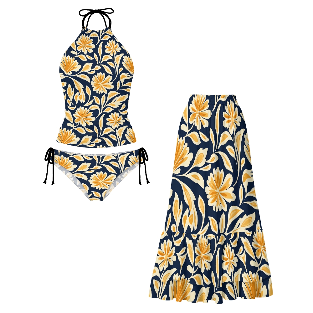 Navy Gold Leaf Floral Print Halter Side Tie Tankini Set With Skirt