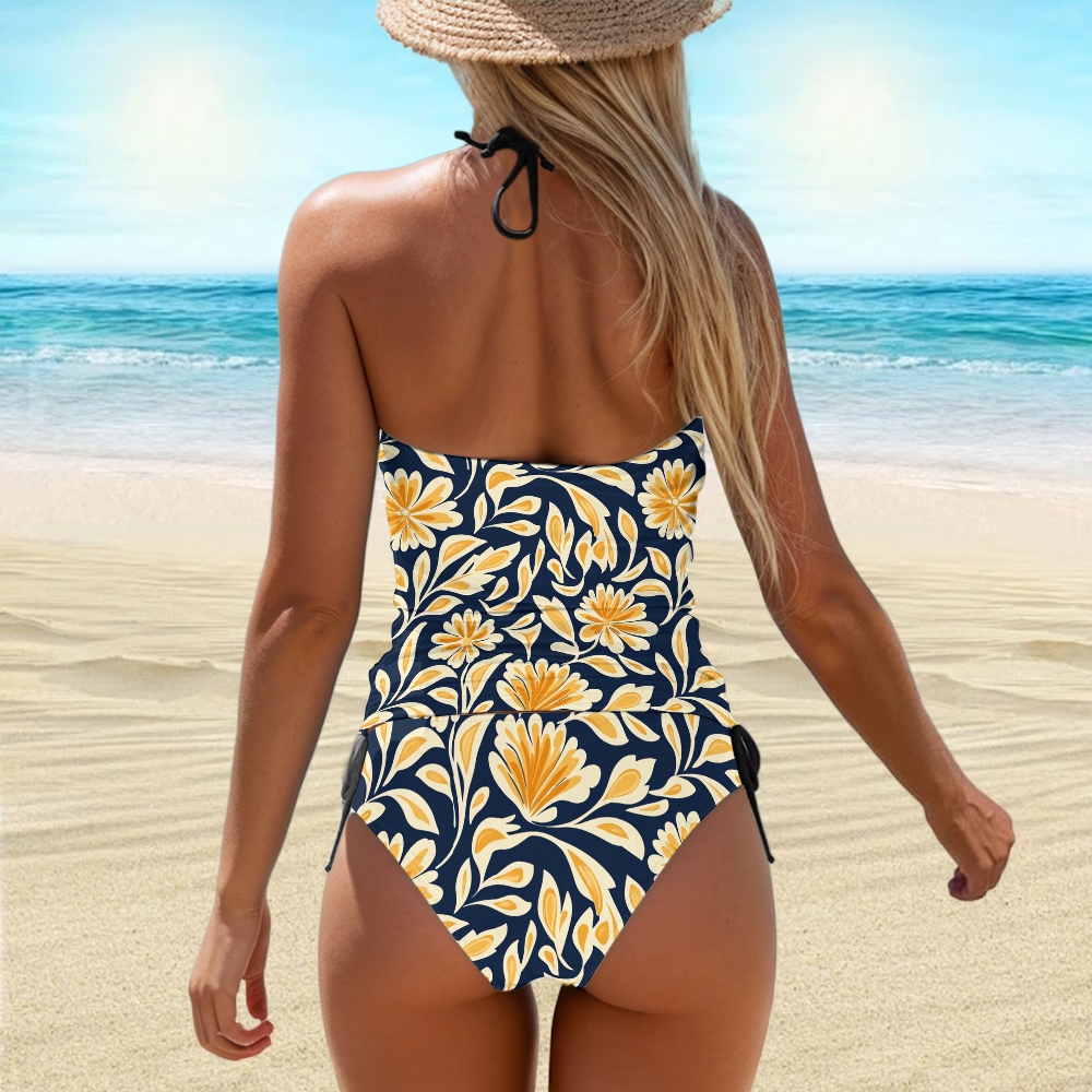 Navy Gold Leaf Floral Print Halter Side Tie Tankini Set With Skirt
