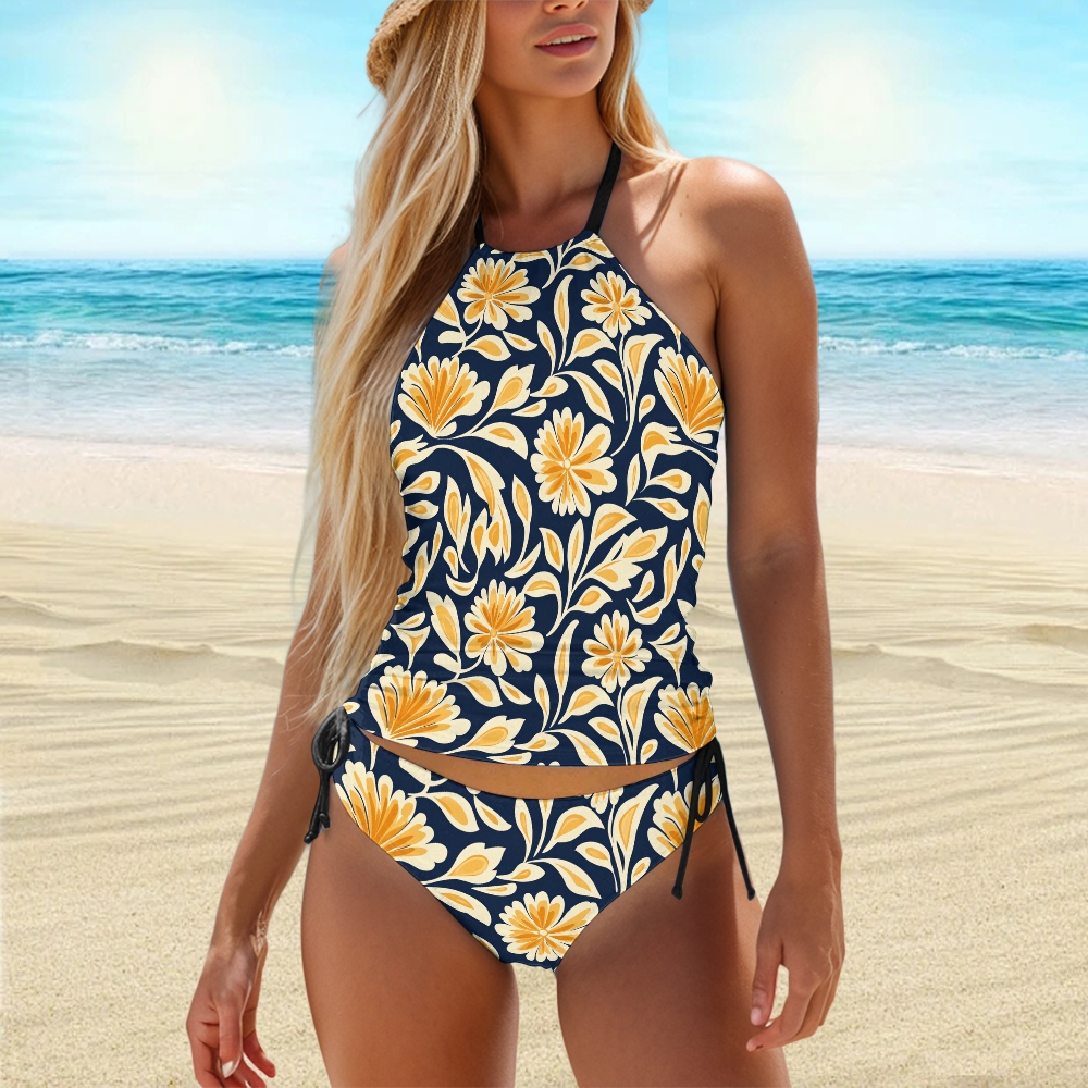 Navy Gold Leaf Floral Print Halter Side Tie Tankini Set With Skirt