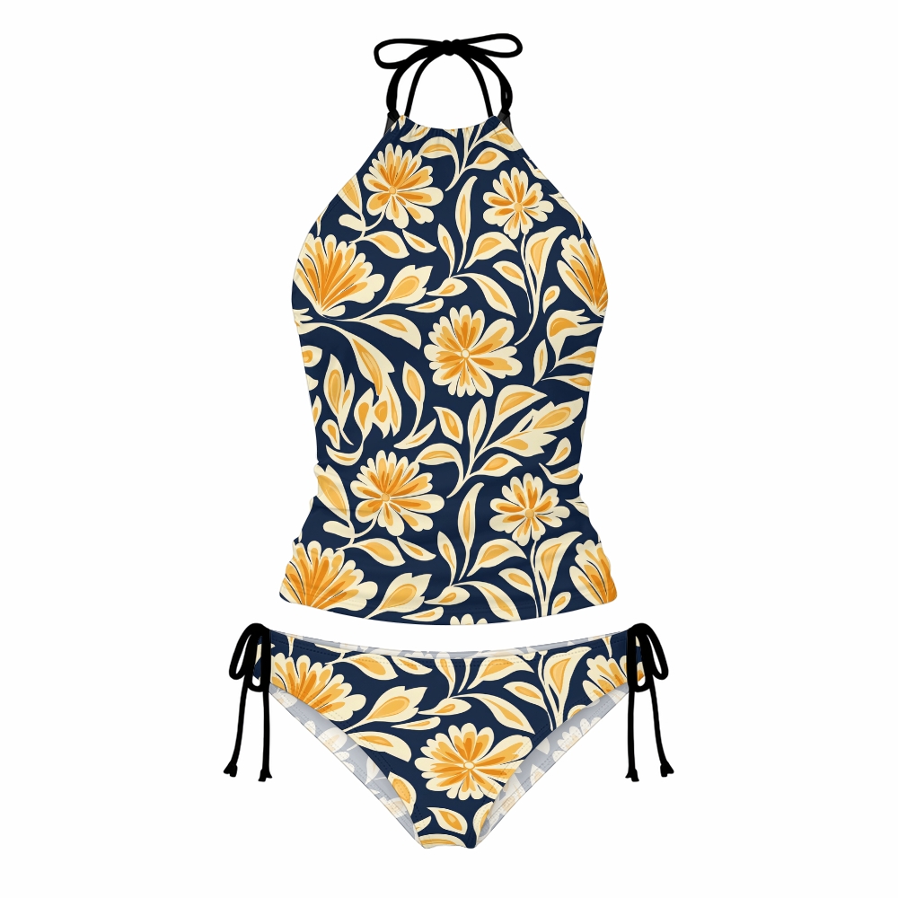 Navy Gold Leaf Floral Print Halter Side Tie Tankini Set With Skirt