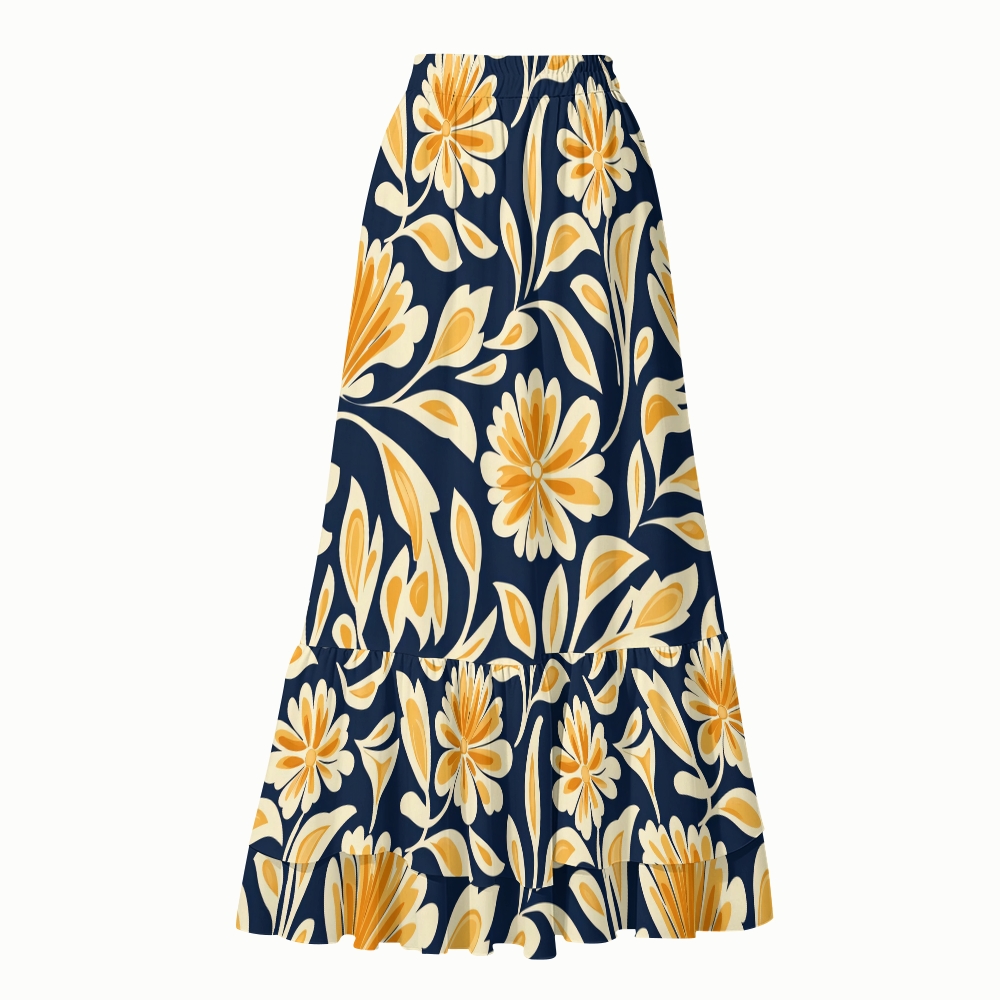 Navy Gold Leaf Floral Print Halter Side Tie Tankini Set With Skirt