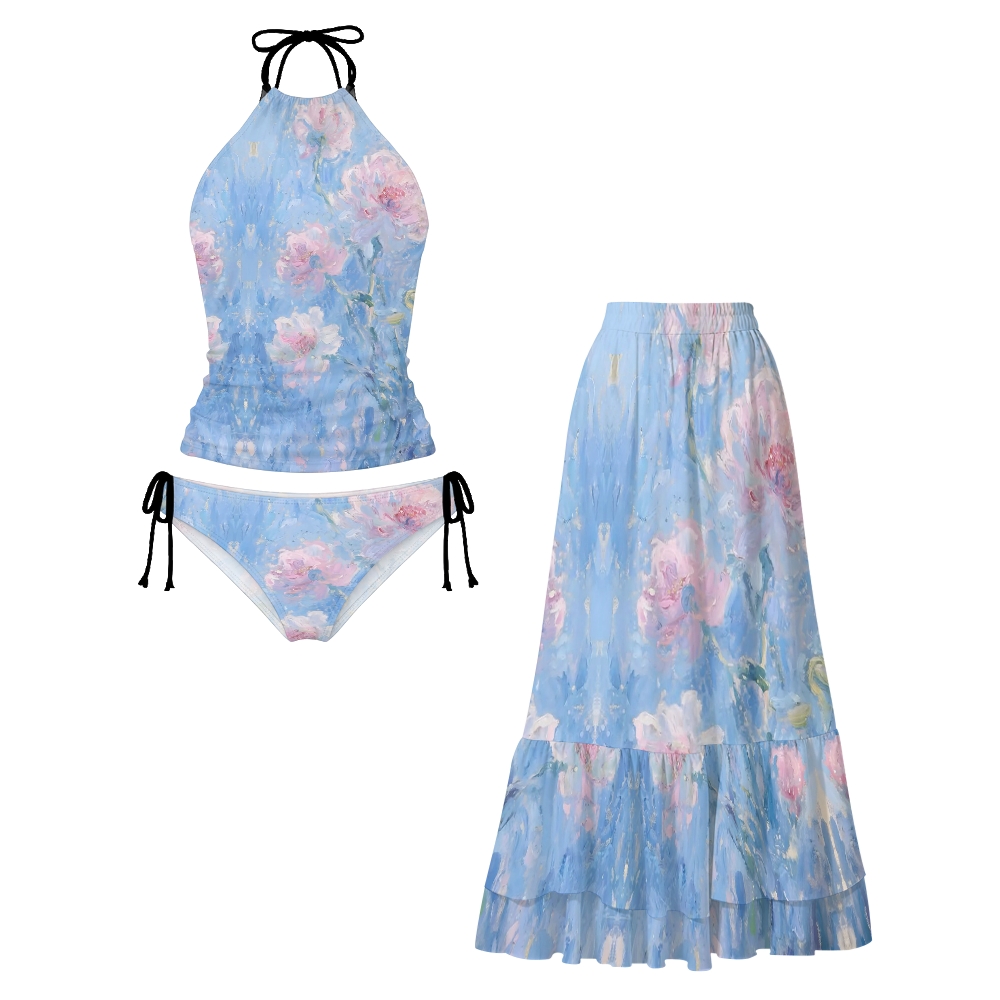 Pink Blue Floral Impressionist Strap Waist One Piece Swimsuit