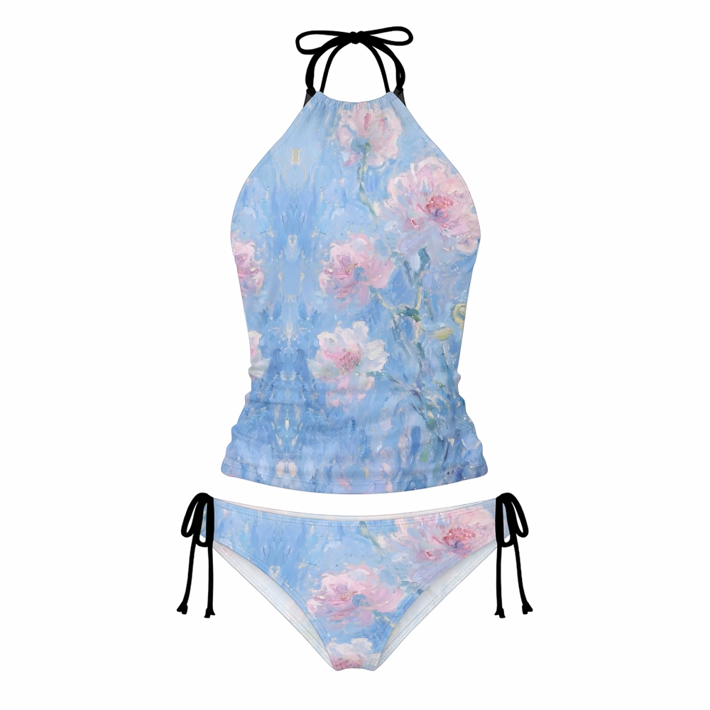 Pink Blue Floral Impressionist Strap Waist One Piece Swimsuit