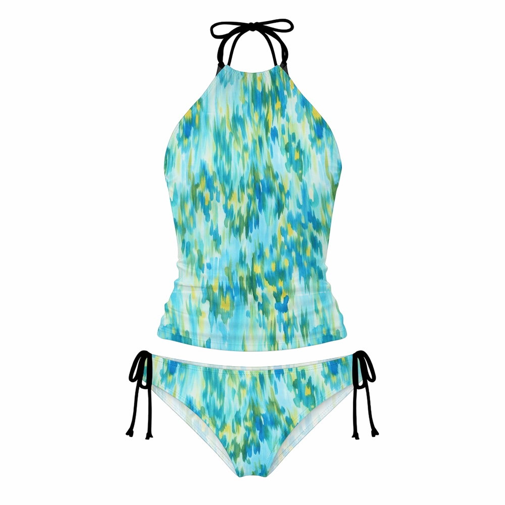 Teal Watercolor Tie Dye Halter Tankini Set With Skirt