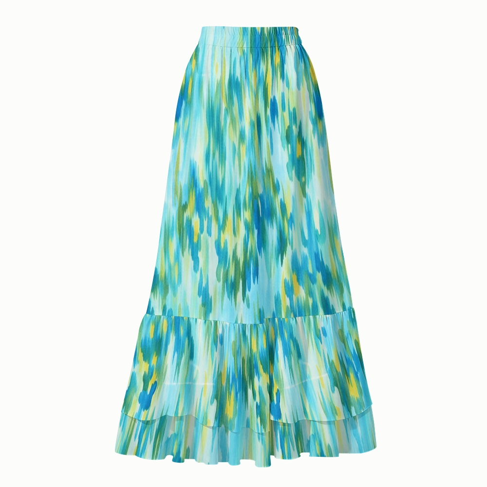 Teal Watercolor Tie Dye Halter Tankini Set With Skirt