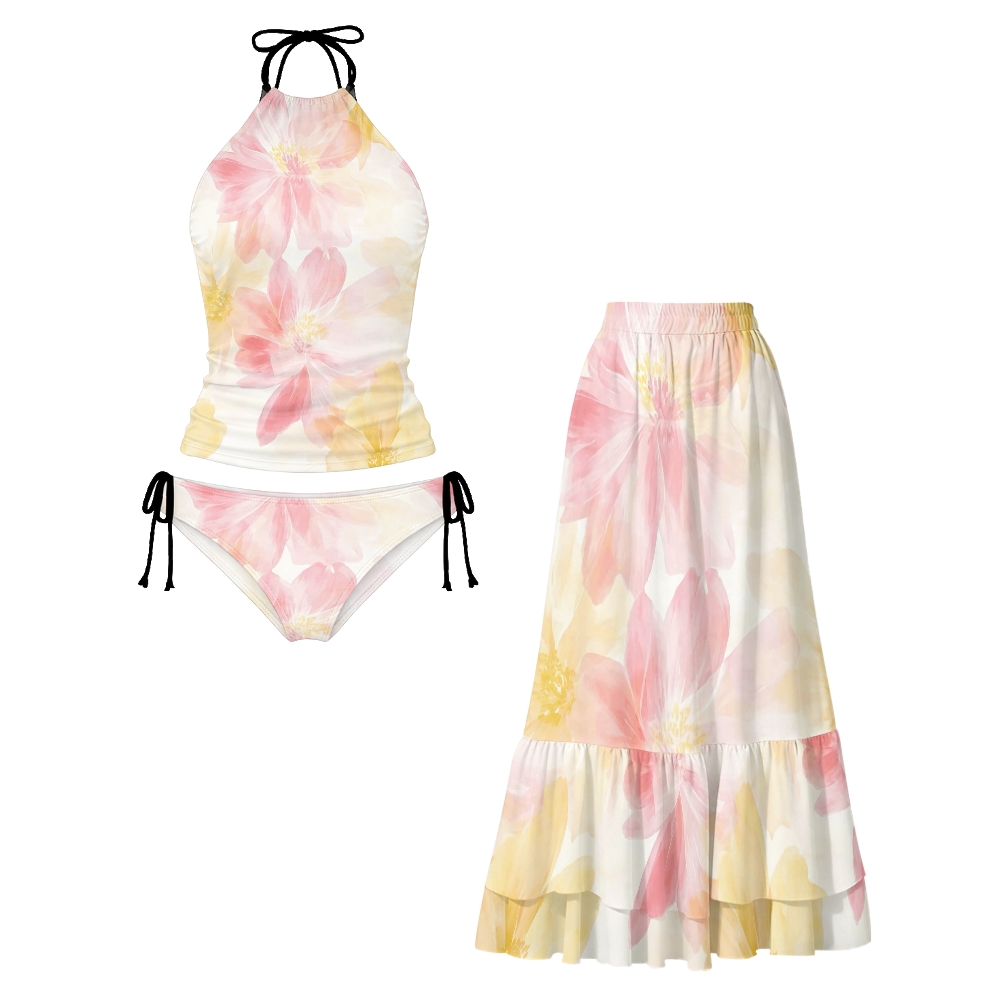 Pink Watercolor Floral Halter Tankini Set With Skirt