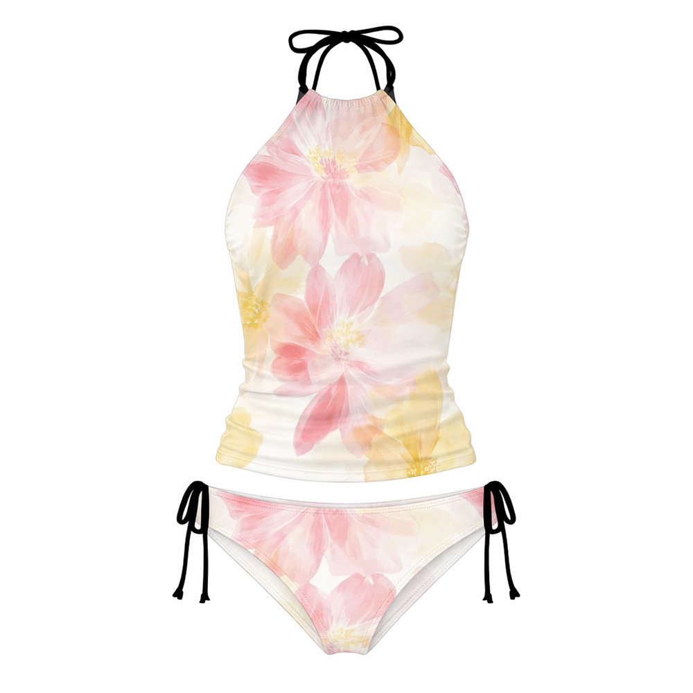 Pink Watercolor Floral Halter Tankini Set With Skirt