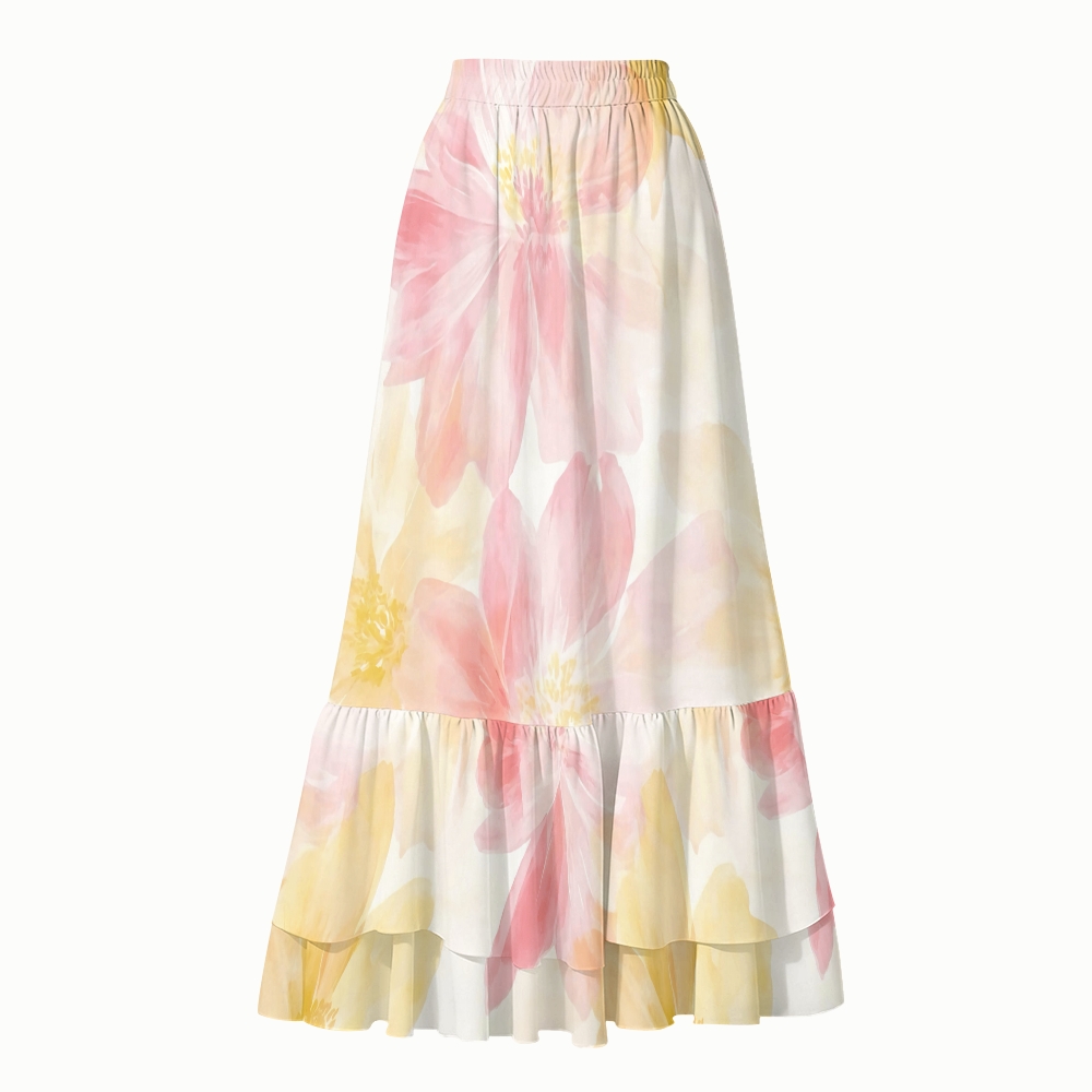 Pink Watercolor Floral Halter Tankini Set With Skirt