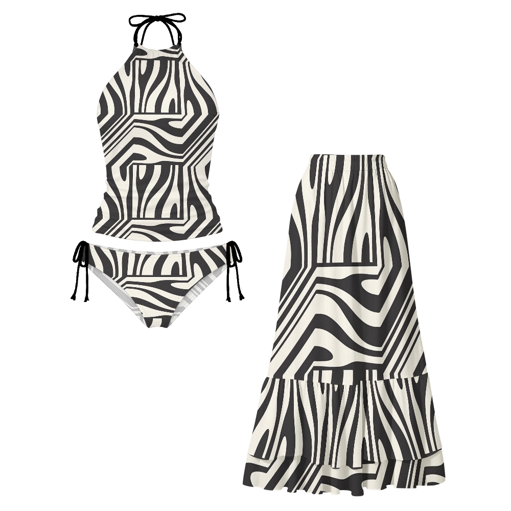Zebra Abstract Stripe Halter Tankini Set With Skirt
