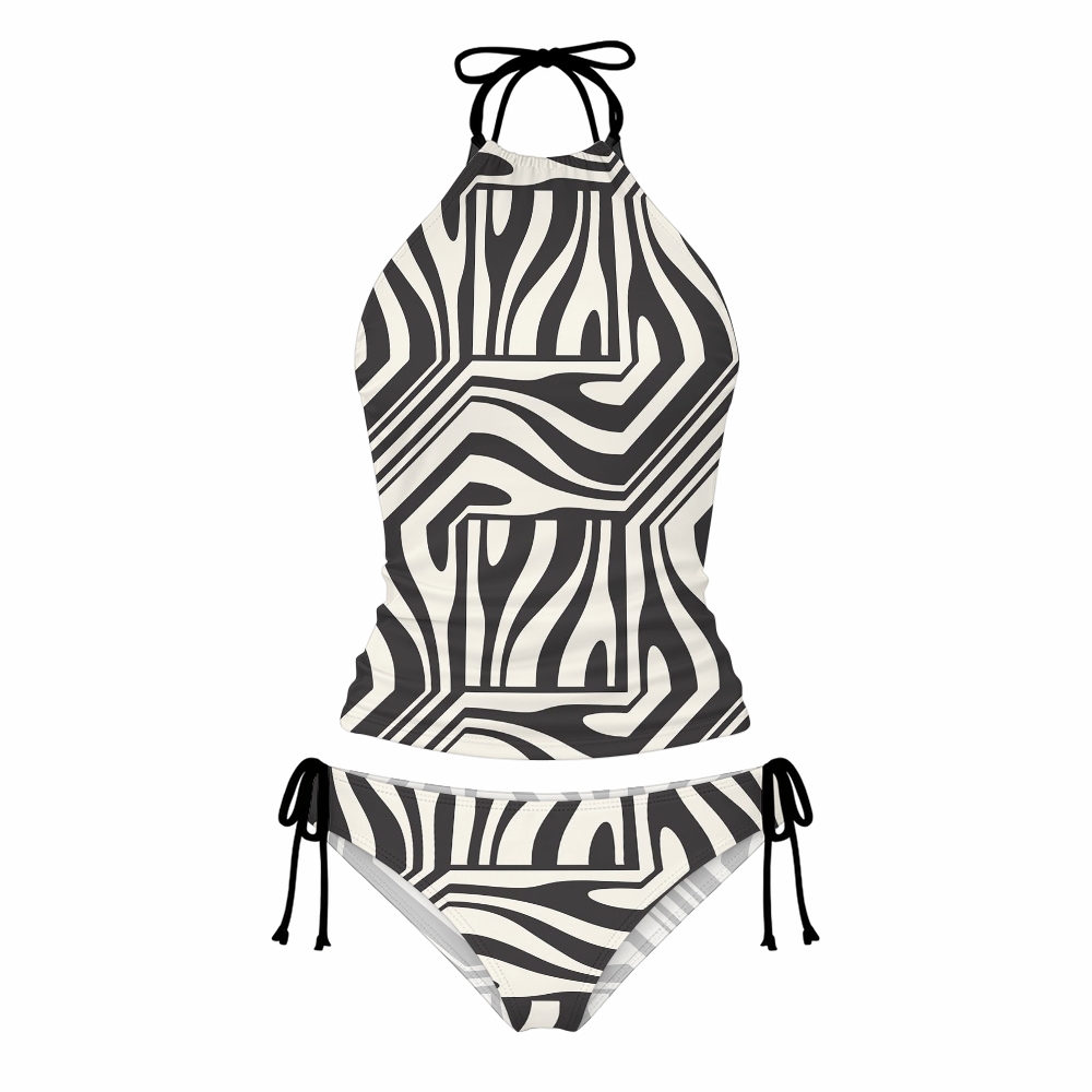 Zebra Abstract Stripe Halter Tankini Set With Skirt