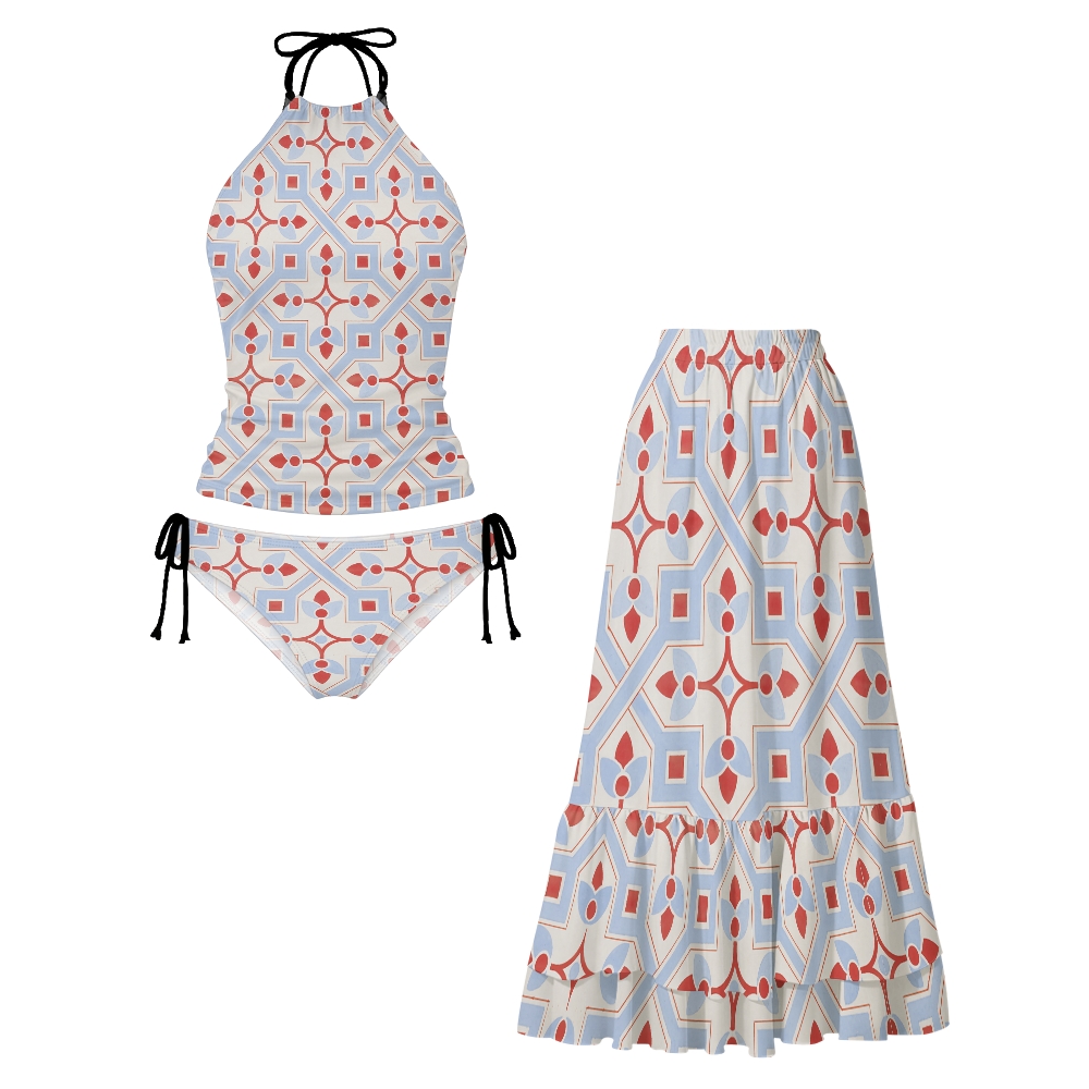 Mediterranean Tile Geometric Halter Tankini Set With Skirt