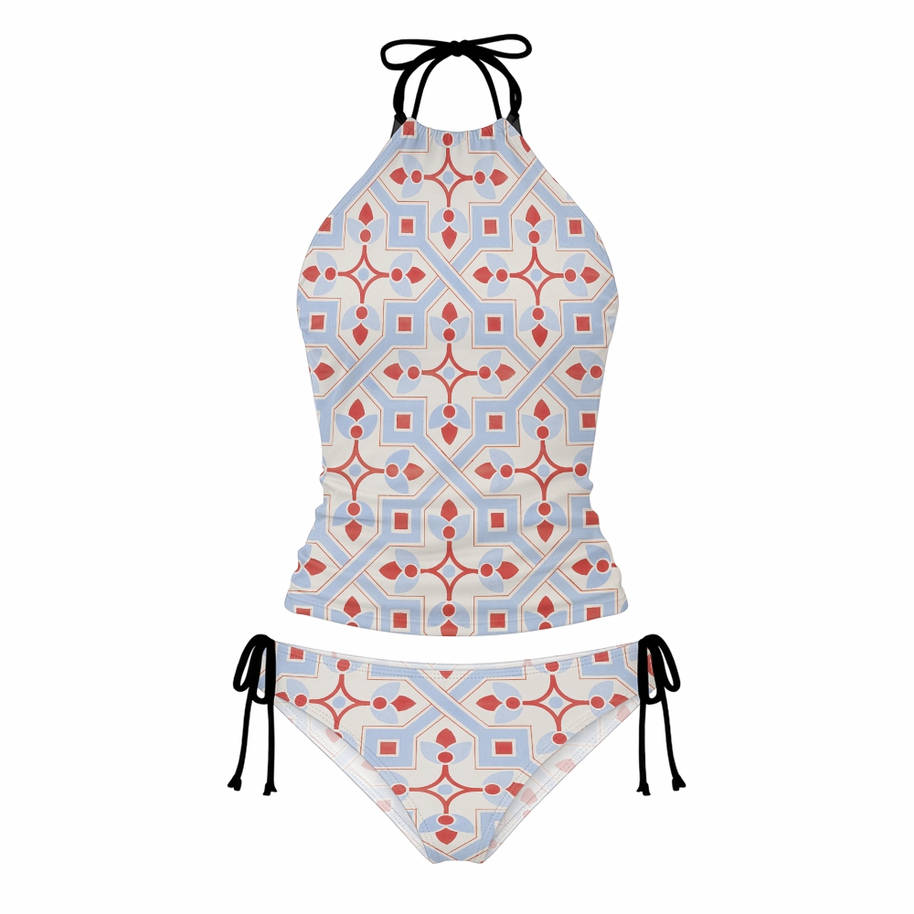 Mediterranean Tile Geometric Halter Tankini Set With Skirt