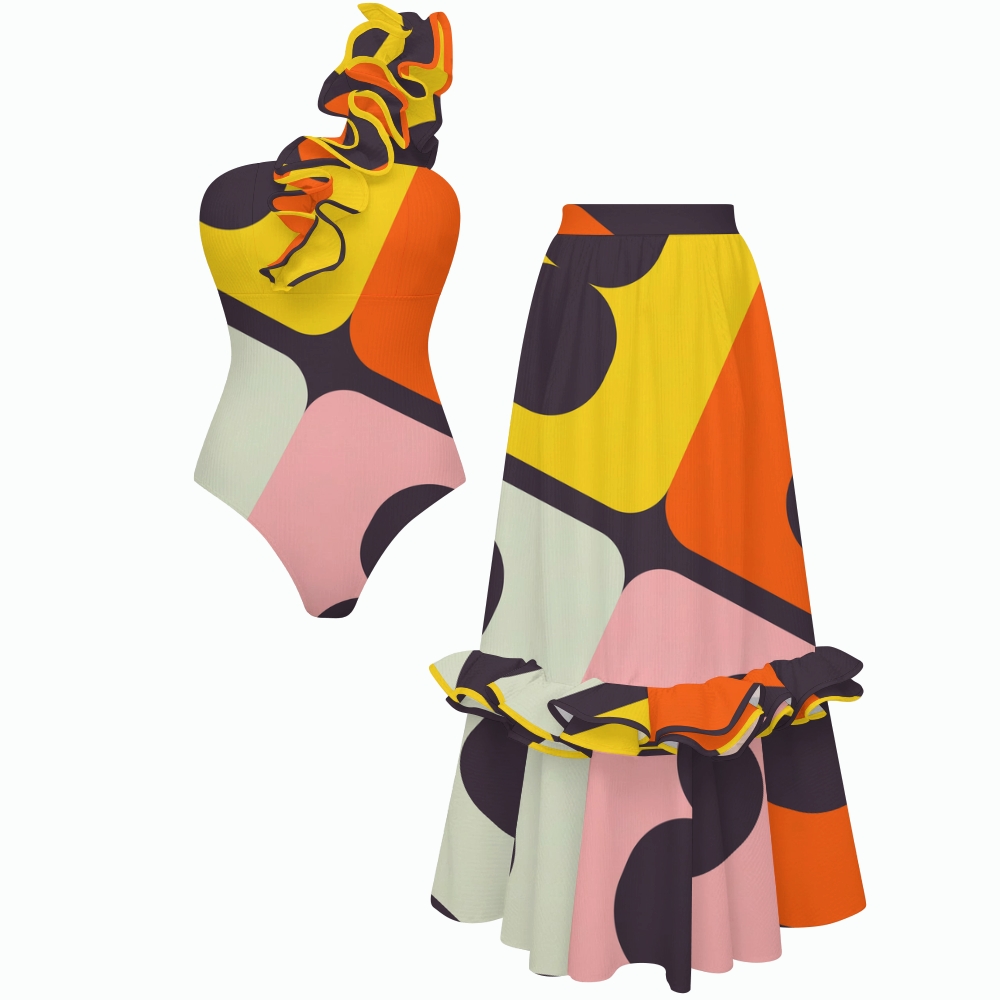 Color Block Geometric Print One Shoulder Ruffle One Piece Swimsuit and Skirt