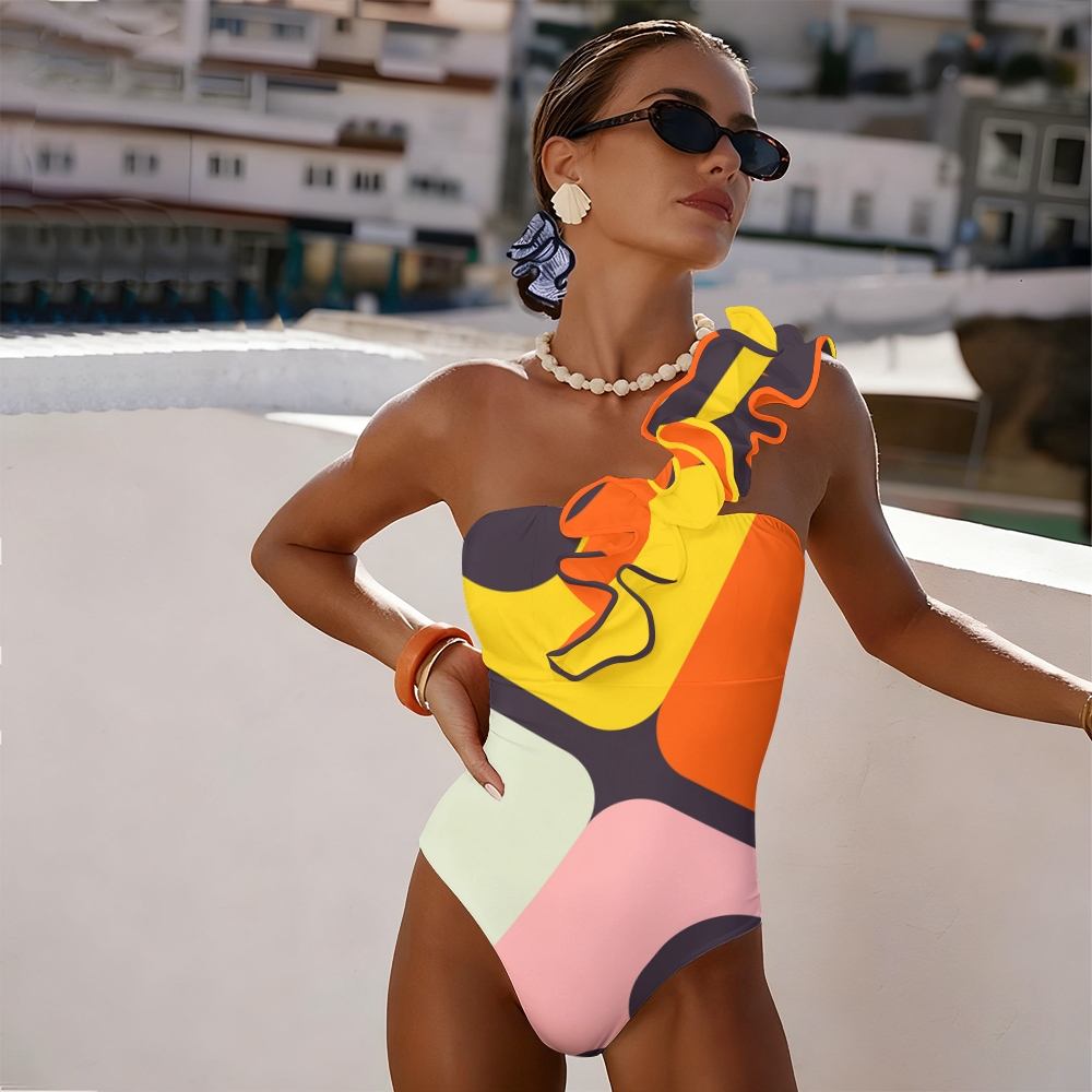 Color Block Geometric Print One Shoulder Ruffle One Piece Swimsuit and Skirt