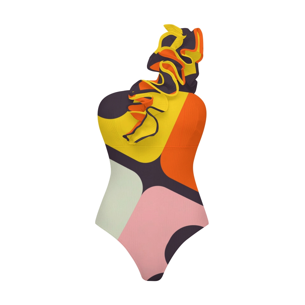 Color Block Geometric Print One Shoulder Ruffle One Piece Swimsuit and Skirt