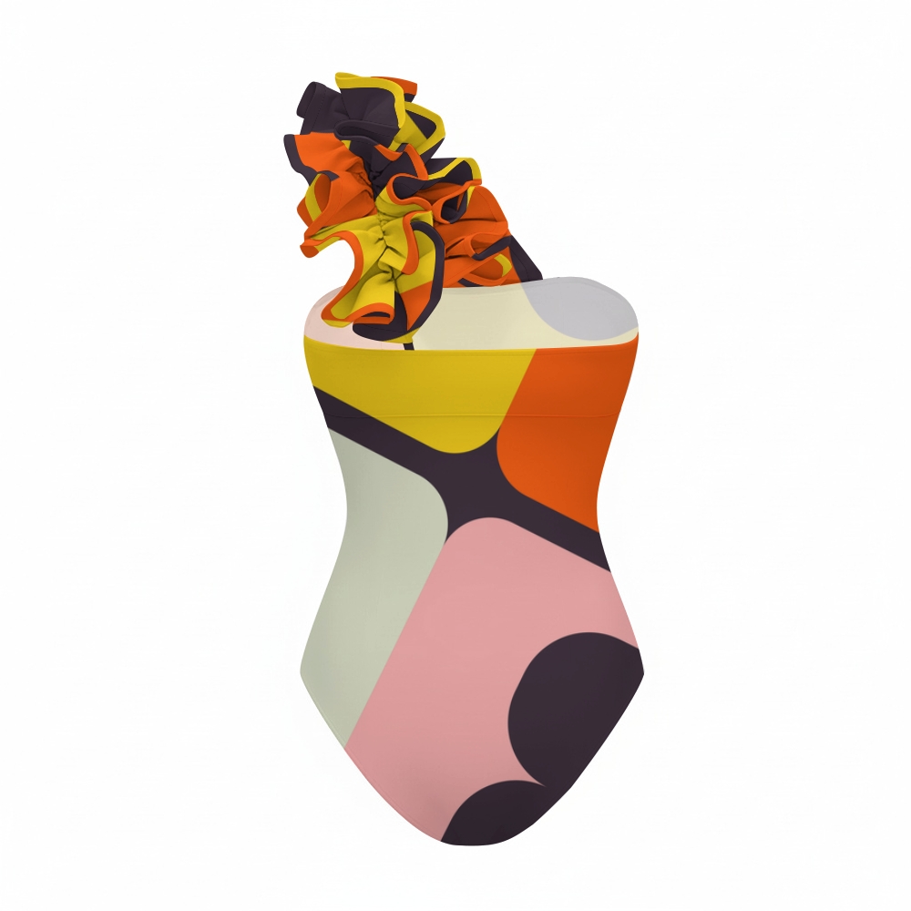 Color Block Geometric Print One Shoulder Ruffle One Piece Swimsuit and Skirt