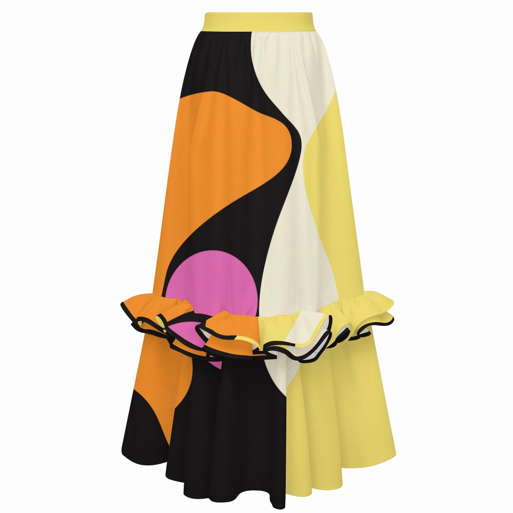 Minimalist Color Block Print One Shoulder Ruffle One Piece Swimsuit and Skirt