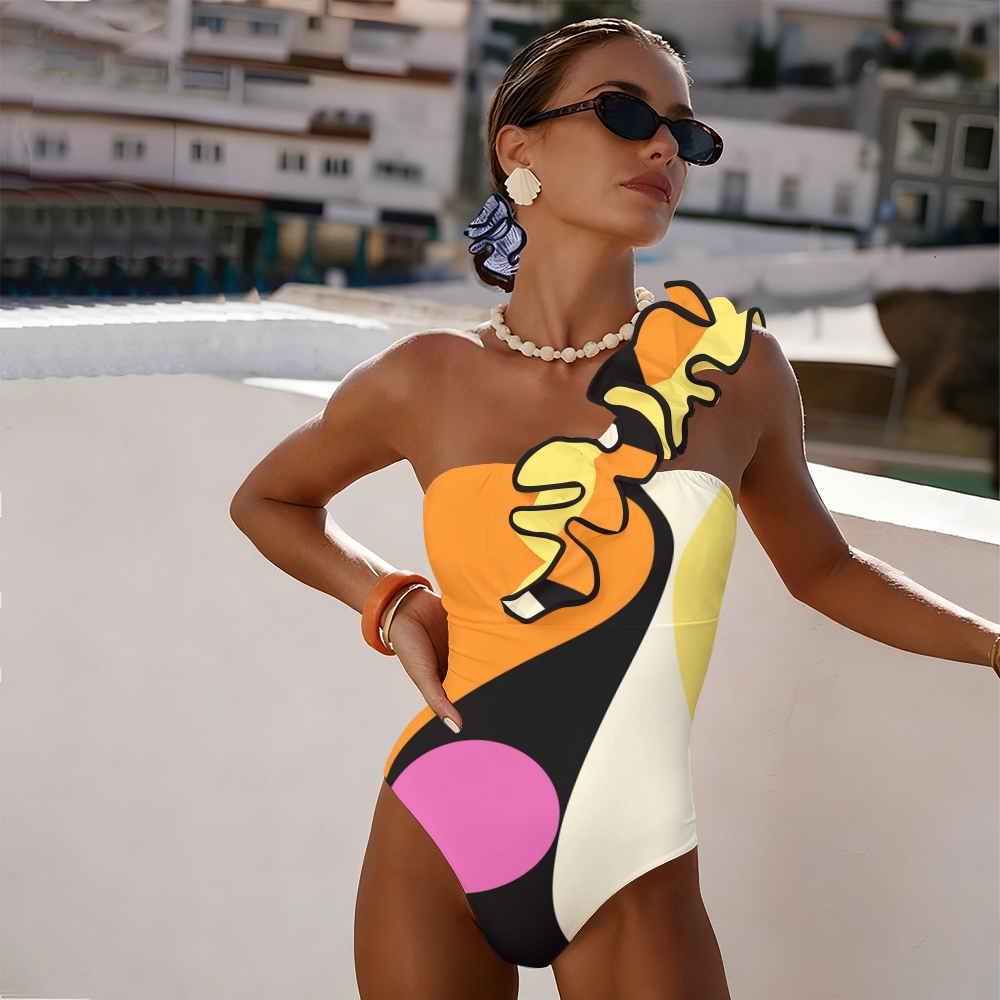 Minimalist Color Block Print One Shoulder Ruffle One Piece Swimsuit and Skirt