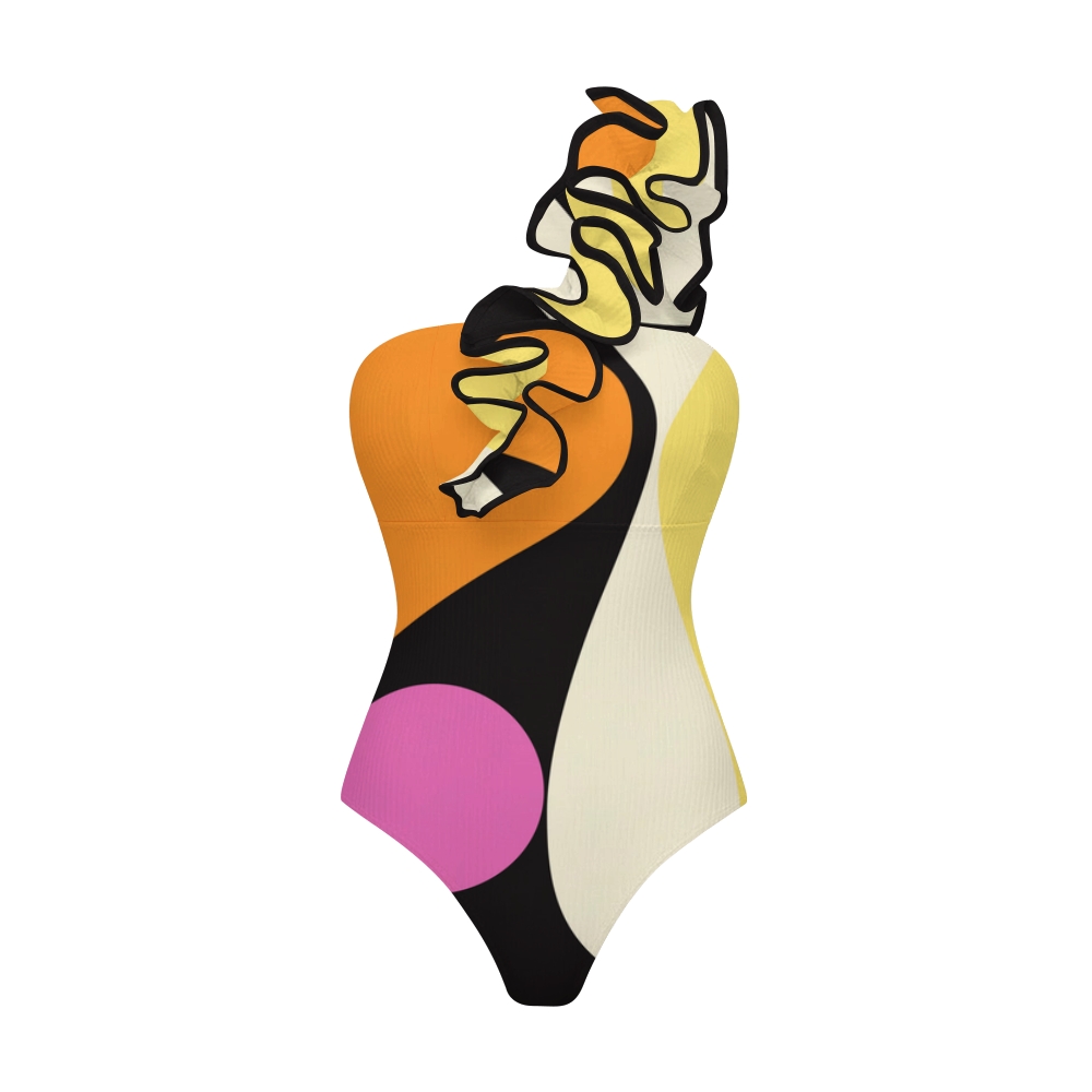 Minimalist Color Block Print One Shoulder Ruffle One Piece Swimsuit and Skirt