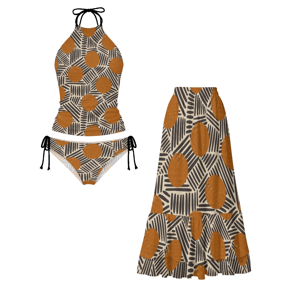 Terracotta Dot Stripe Halter Tankini Set With Skirt