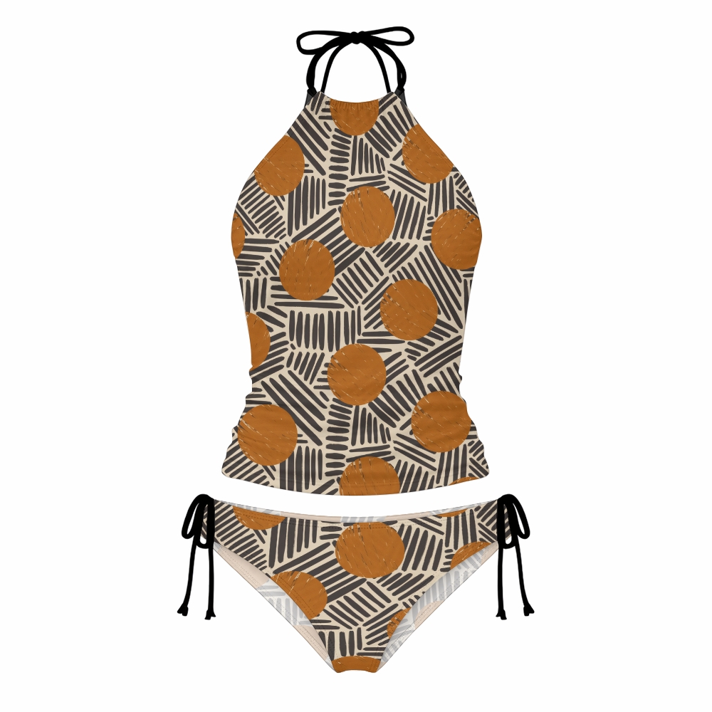 Terracotta Dot Stripe Halter Tankini Set With Skirt