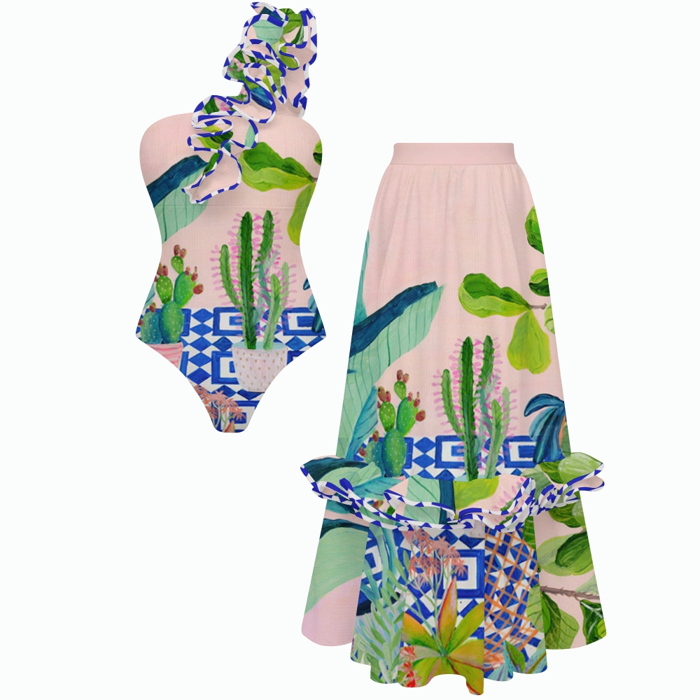 Tropical Plant Print One Shoulder Ruffle One Piece Swimsuit and Skirt