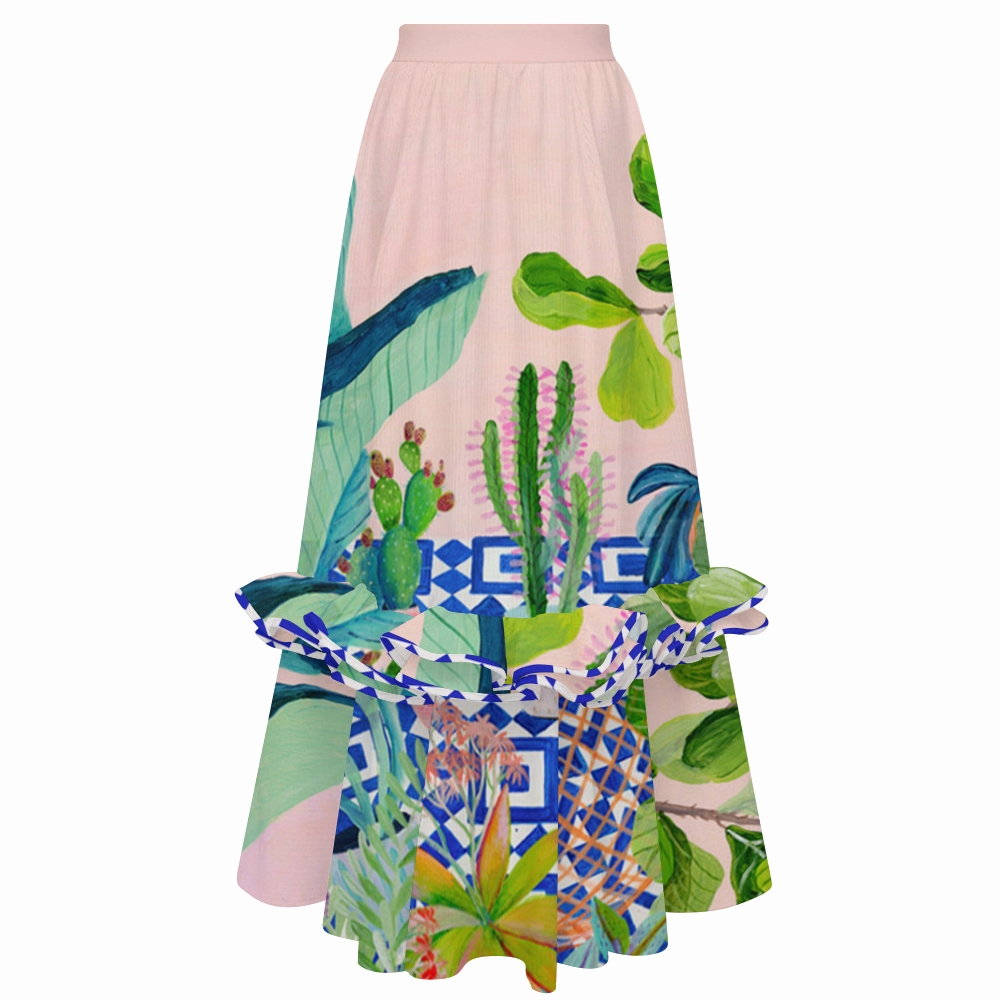 Tropical Plant Print One Shoulder Ruffle One Piece Swimsuit and Skirt