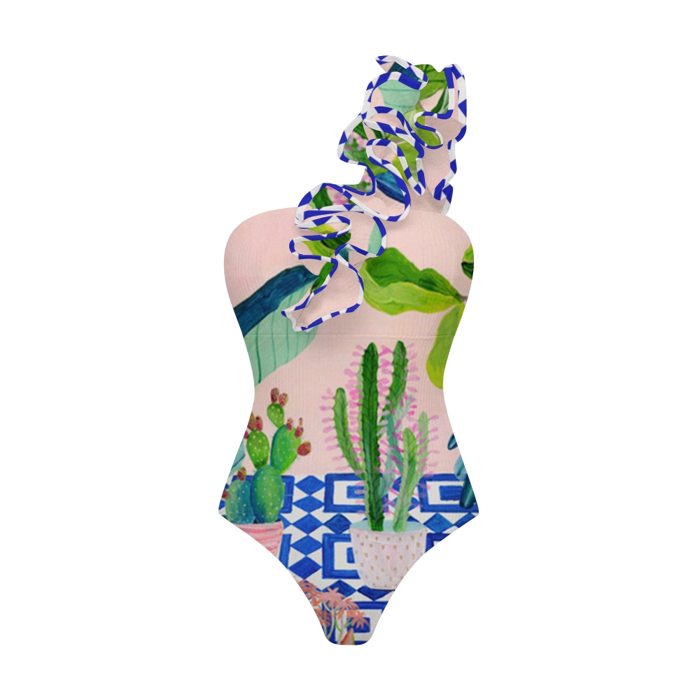 Tropical Plant Print One Shoulder Ruffle One Piece Swimsuit and Skirt