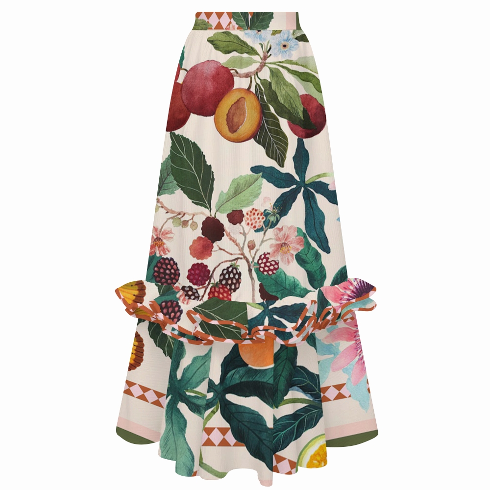 Tropical Fruit Print One Shoulder Ruffle One Piece Swimsuit and Skirt