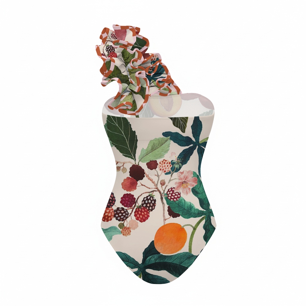 Tropical Fruit Print One Shoulder Ruffle One Piece Swimsuit and Skirt