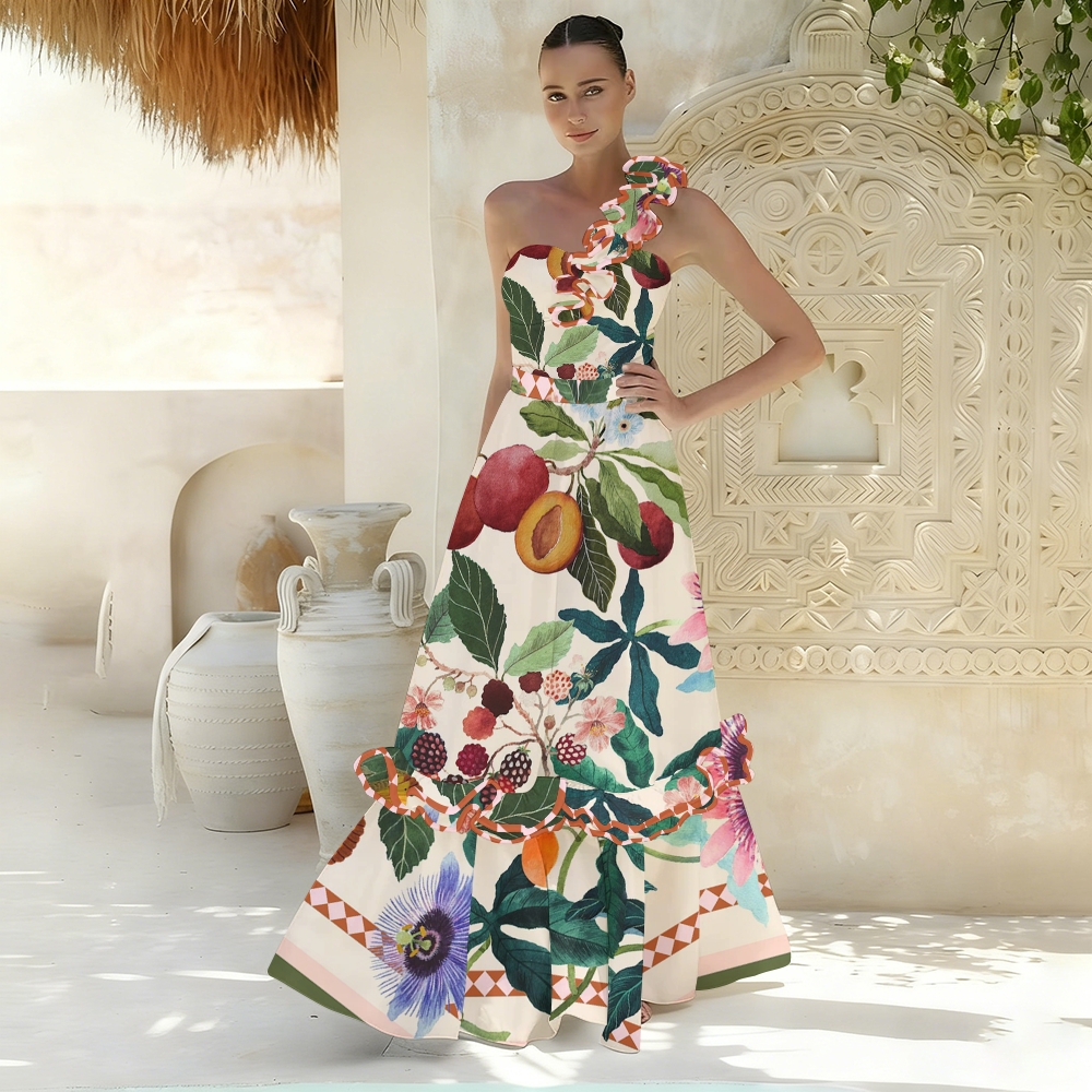 Tropical Fruit Print One Shoulder Ruffle One Piece Swimsuit and Skirt