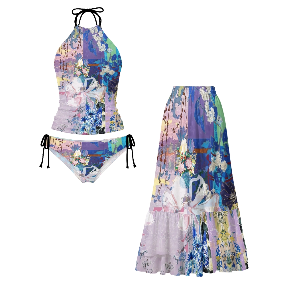 ollage Floral Oil Painting Halter Tankini Set With Skirt