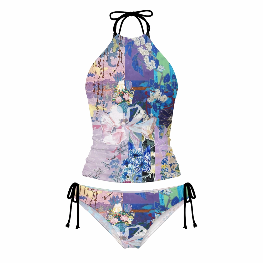 ollage Floral Oil Painting Halter Tankini Set With Skirt
