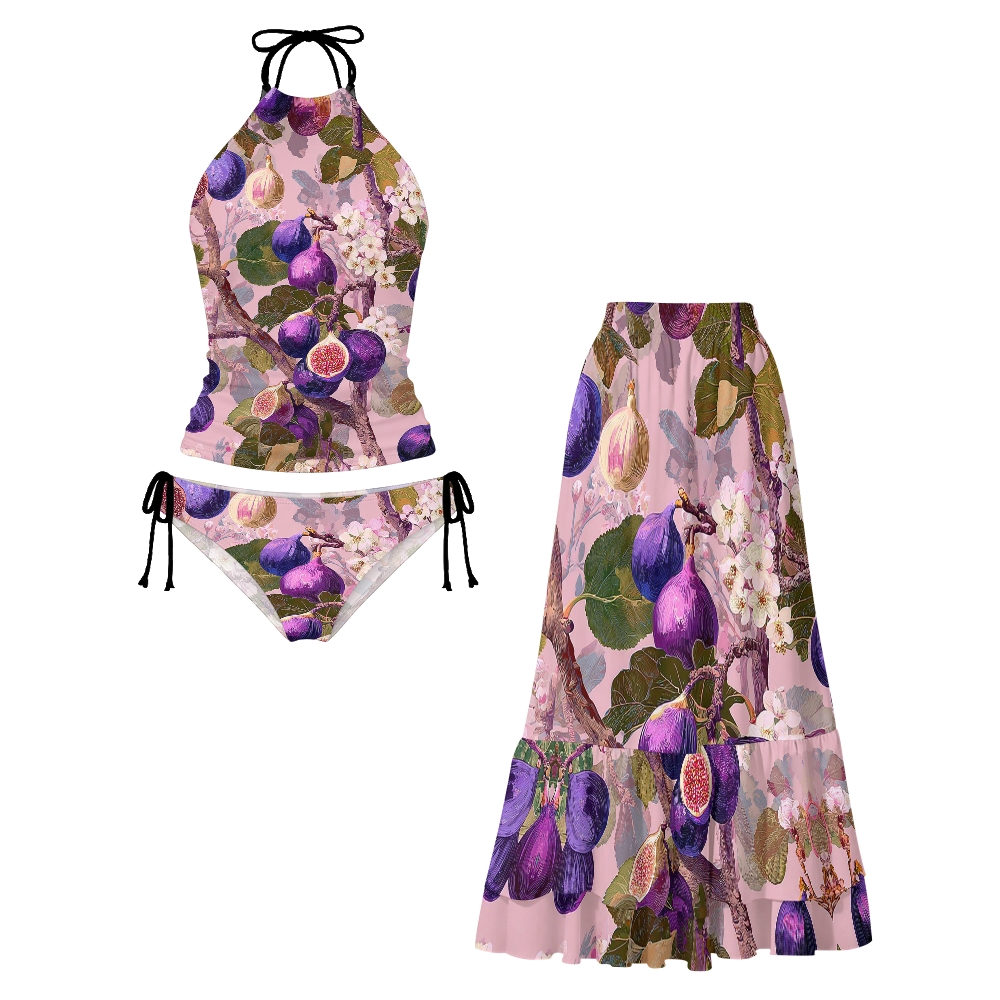 ig Oil Painting Halter Tankini Set With Skirt