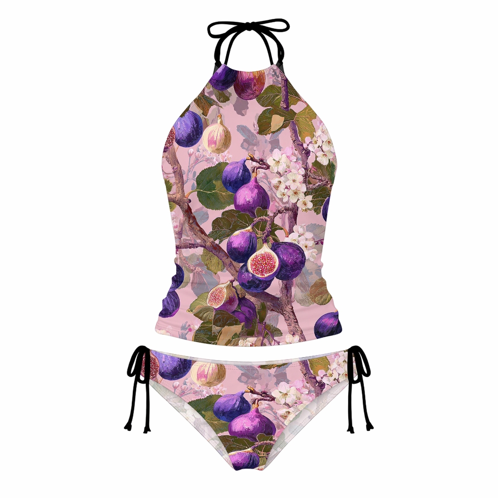 ig Oil Painting Halter Tankini Set With Skirt