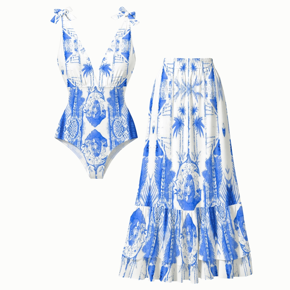 Women's Blue And White Tropical Print One-Piece Swimsuit Set