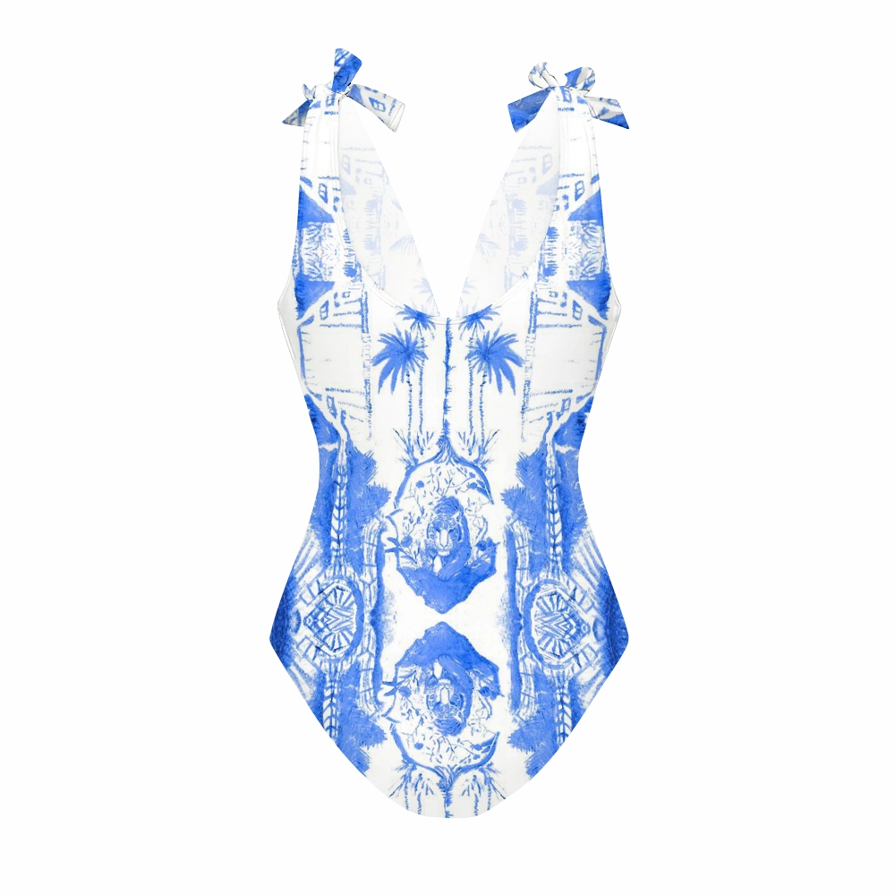 Women's Blue And White Tropical Print One-Piece Swimsuit Set