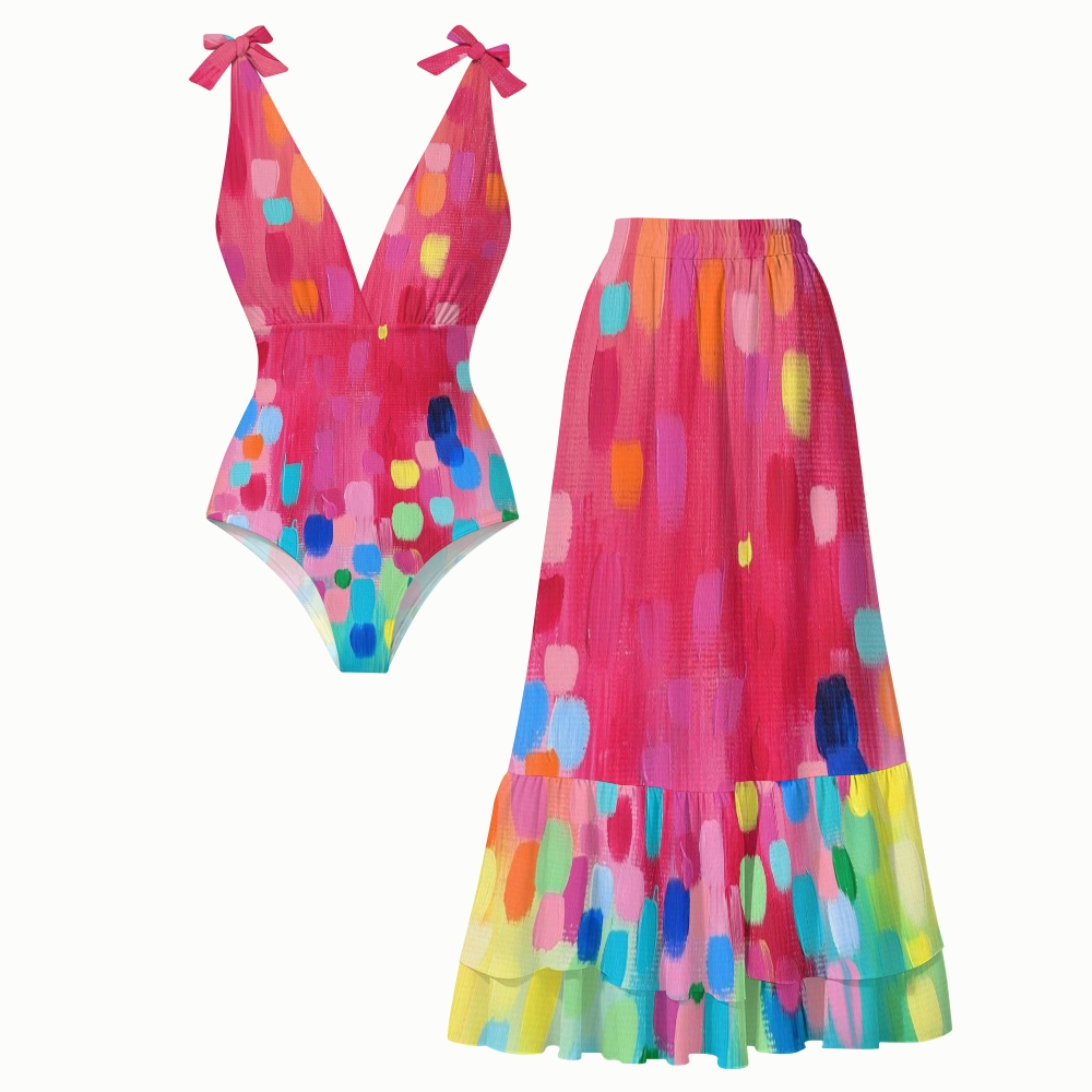 Women's Vibrant Brush Spot Print One-Piece Swimsuit Set