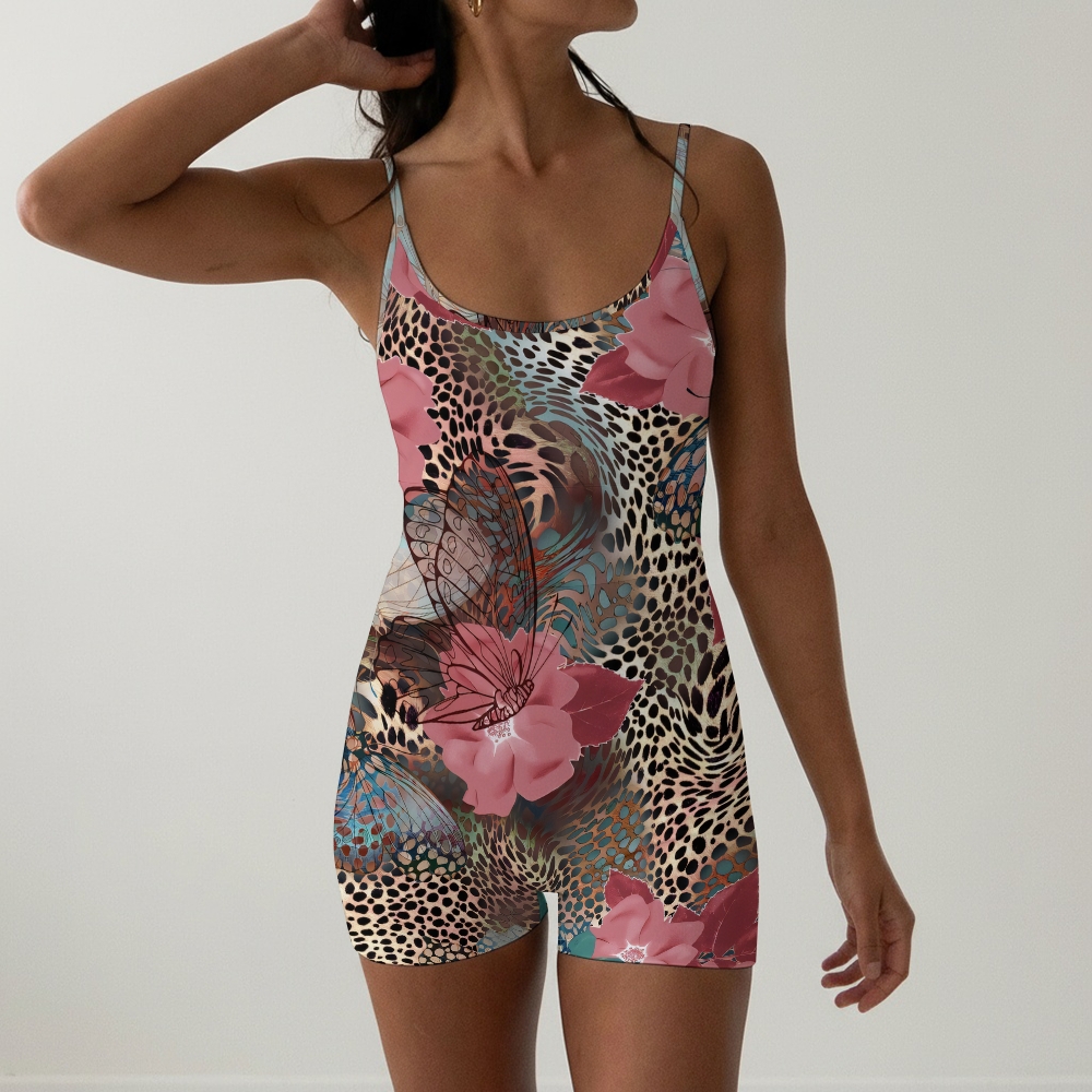 Leopard Print Pink Floral Butterfly Thin Strap Backless One Piece Swimsuit
