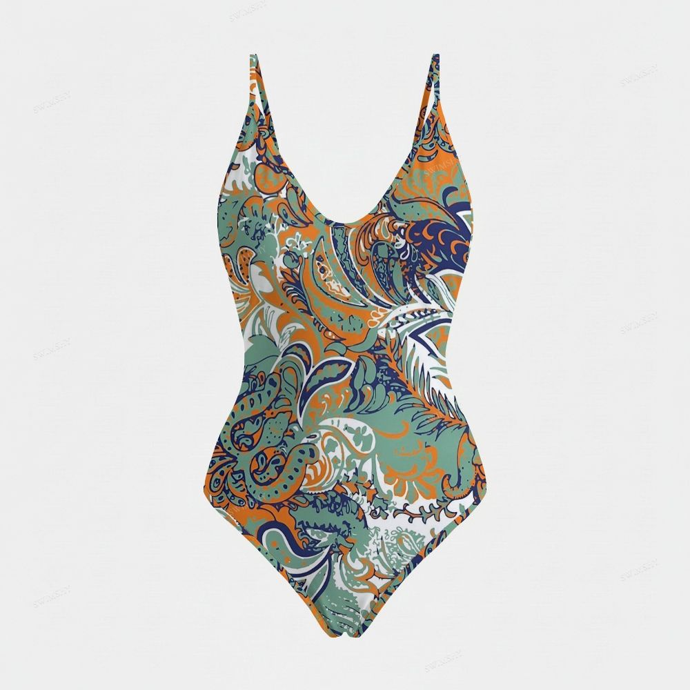 Vintage Paisley Print Tie Back Deep V One Piece Swimsuit
