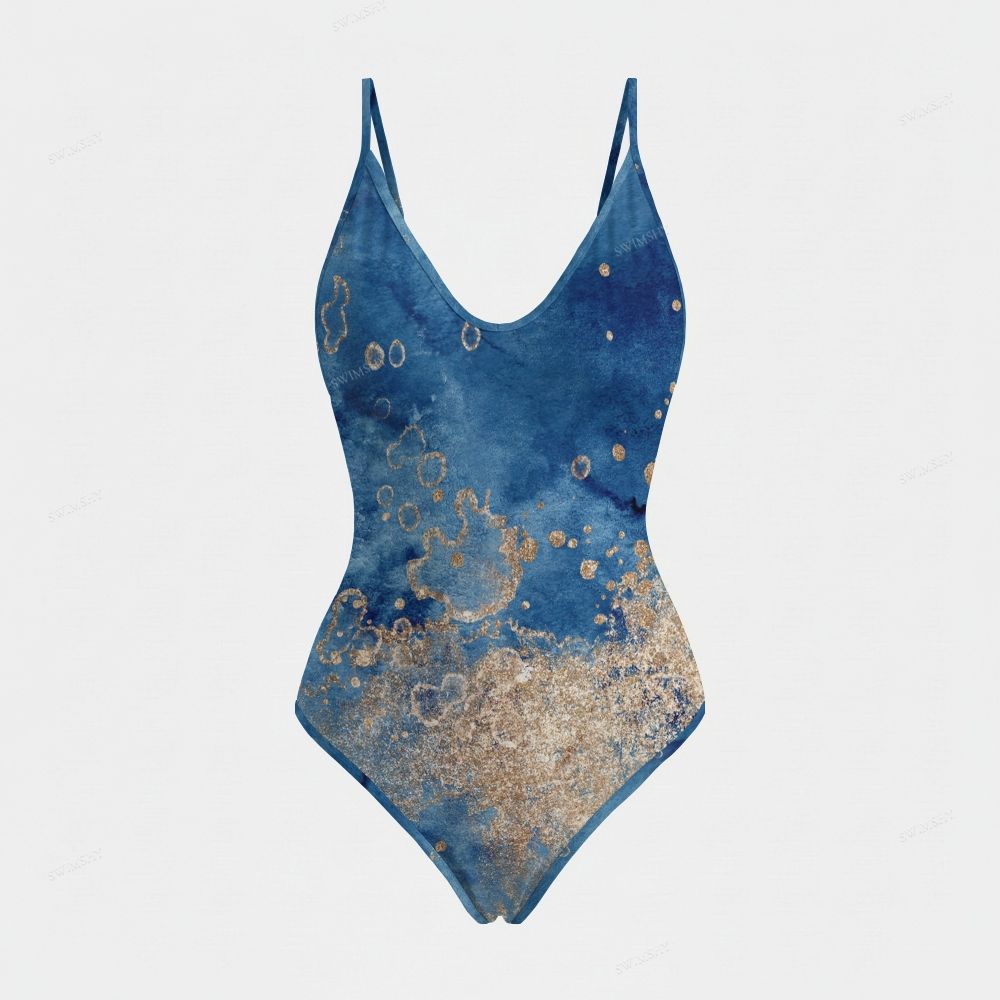 Blue Gold Tie Dye Deep V Tie Backless One Piece Swimsuit