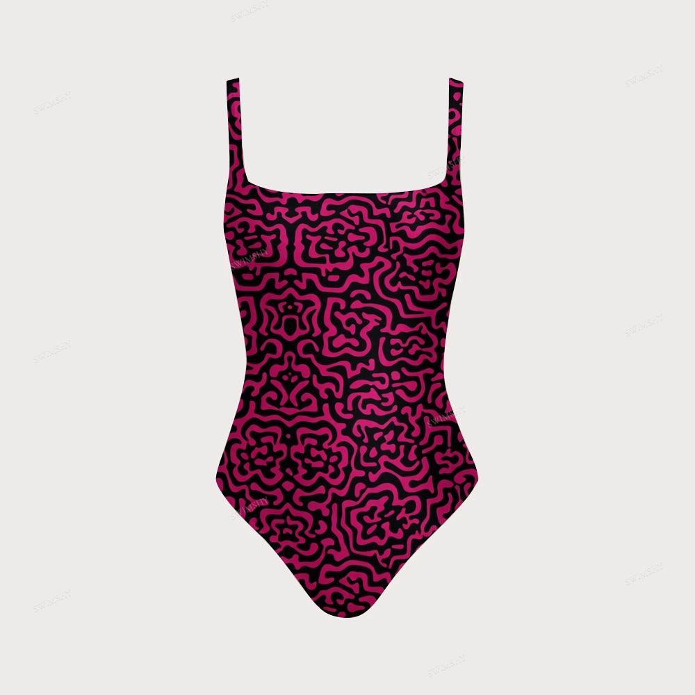 Black Magenta Abstract Square Neck Twist Cutout One Piece Swimsuit